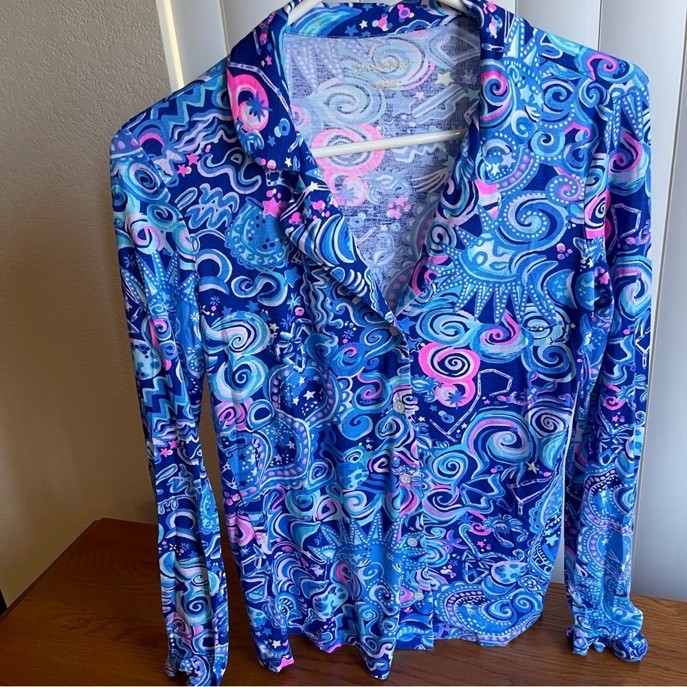 Lilly Pulitzer Ruffle PJ Button-Up Top Cosmic Kismet Size XS